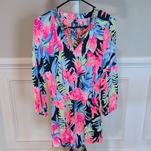 Lilly Pulitzer Vibrant Floral Romper XS - Pink, Blue, Green